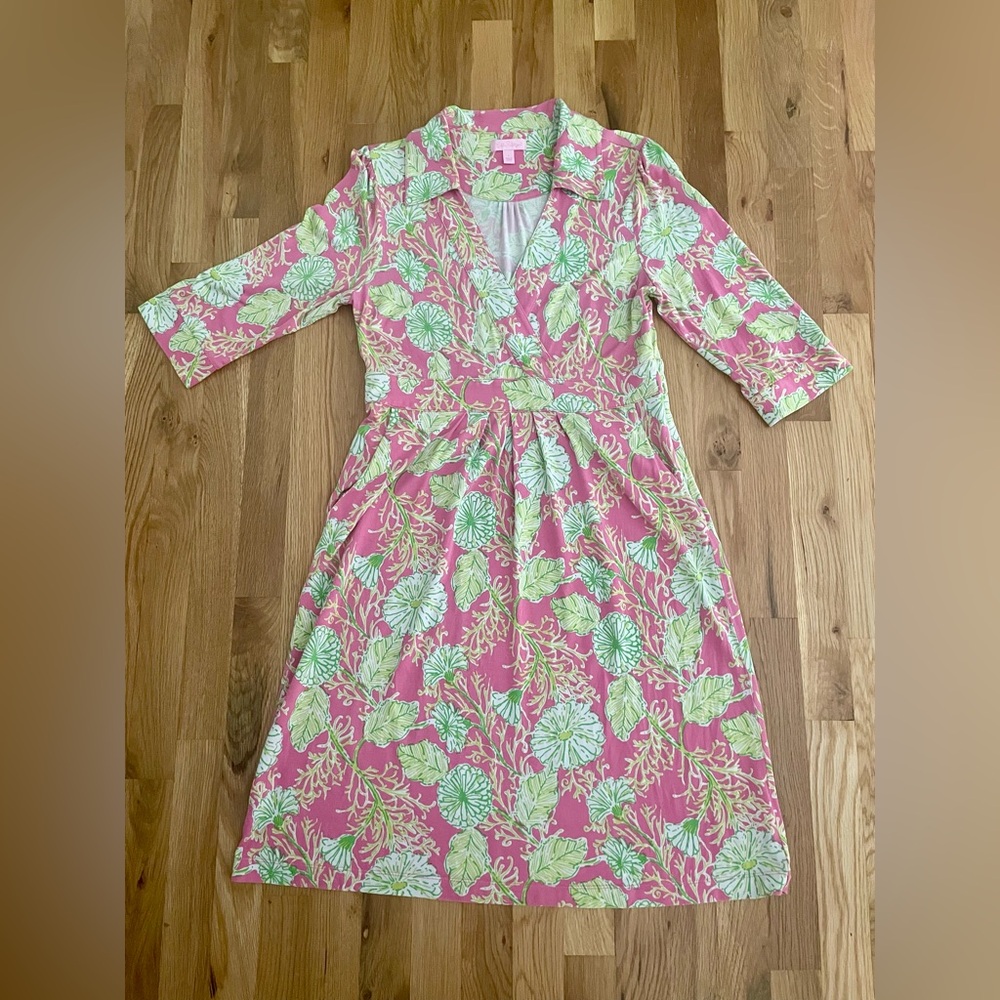 Lilly Pulitzer Blayney Vneck Silk Blend Pink and Green Floral Dress with Pockets